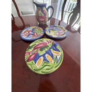 Ceramic Pitcher and Plates Set Seafood Crab Lobster Mediterranean Style